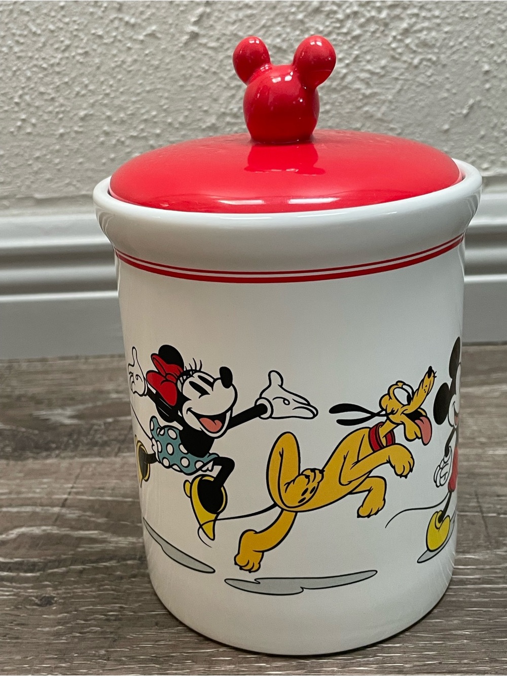 Disney Red-Accent Ceramic Canister cookie jar with Mickey & Friends Artwork NWOT